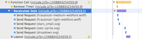 An expensive style and layout recalculation in the Chrome Developer Tools Timeline